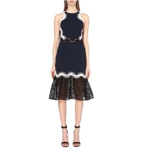 Jonathan Simkhai white embroidered navy mesh midi dress size 4.